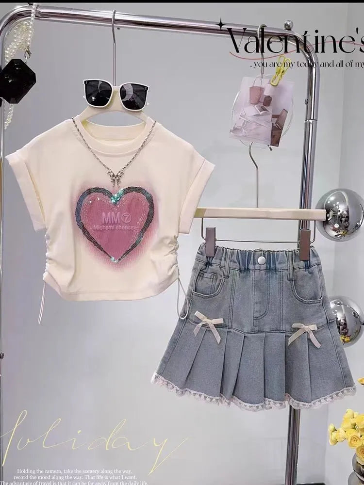 Summer girls' pleated skirt set new fashionable children's princess skirt+short sleeved T-shirt two-piece set kids Outfits