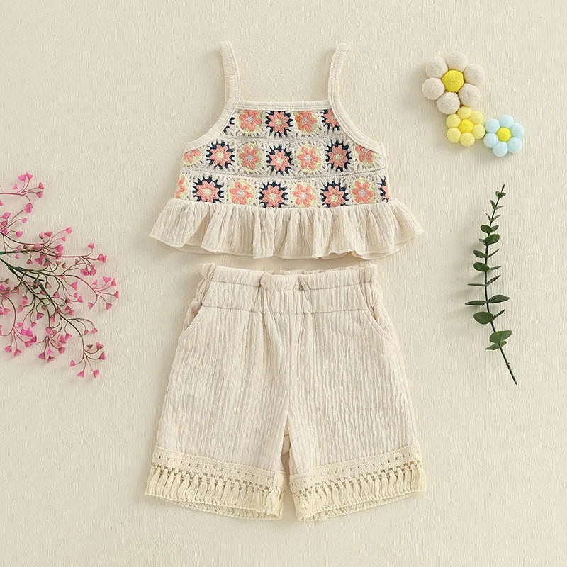 Summer Girls Clothing Sets Floral Design Ruffled Trim Sleeveless Tank Tops and Tassel Shorts Baby Clothes Children Kids Outfits