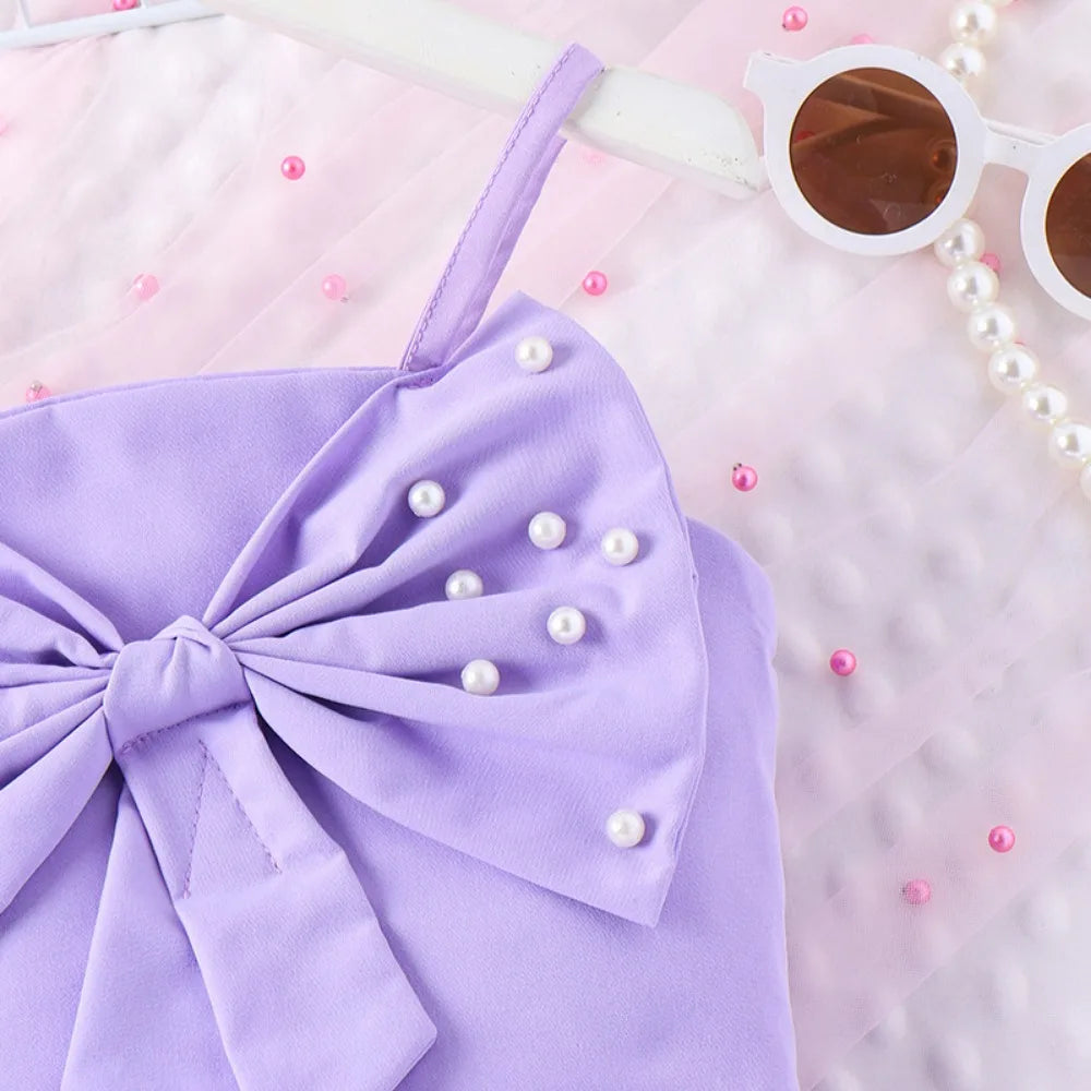 Bear Leader Summer New Pink Girls Clothes Sweet and Cute Children's Suit Pearl Bow Decorative Strap Top+Cake Skirt 2-piece Set