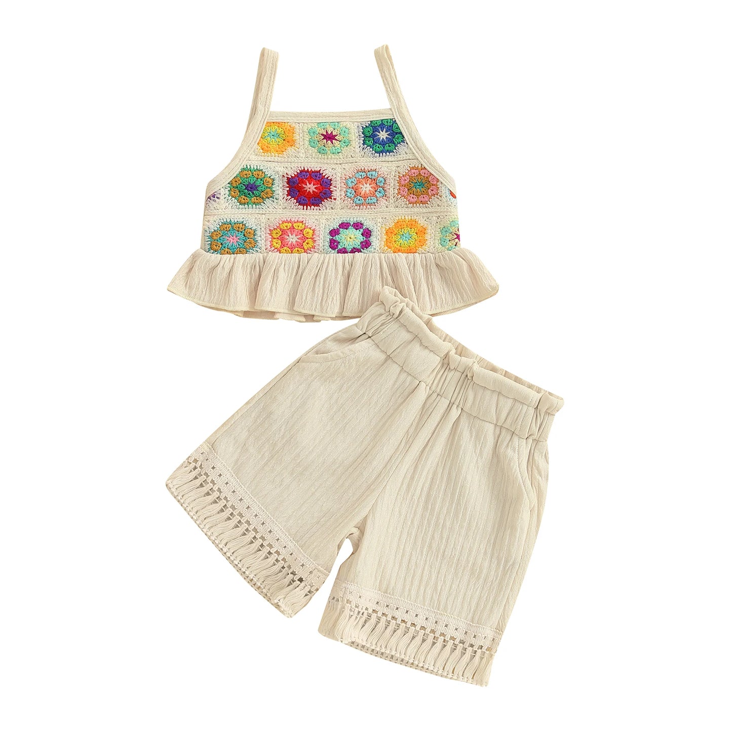 Summer Girls Clothing Sets Floral Design Ruffled Trim Sleeveless Tank Tops and Tassel Shorts Baby Clothes Children Kids Outfits
