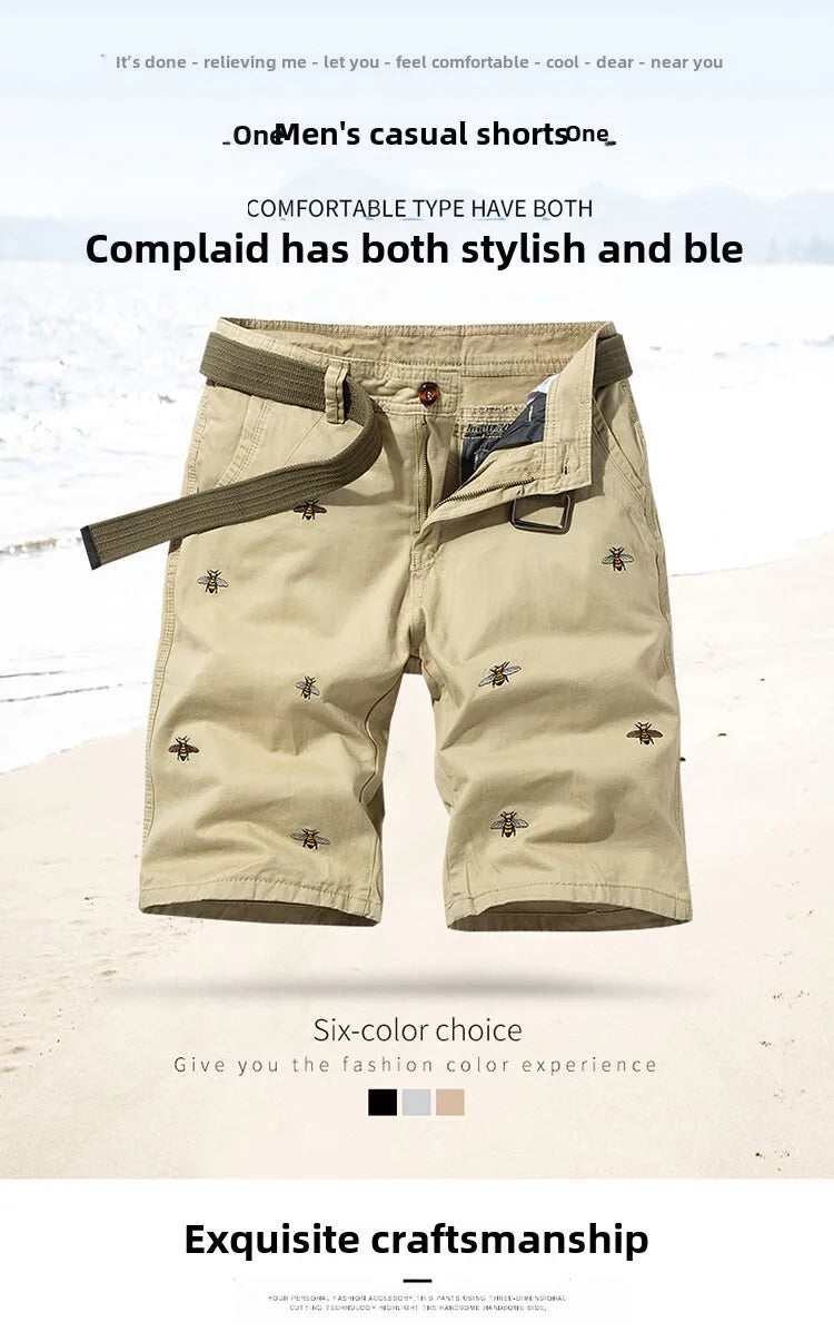 Summer men'sshorts loose straight leg pants casual solid color Japanese style over the knee sports pants multi pocket work pants