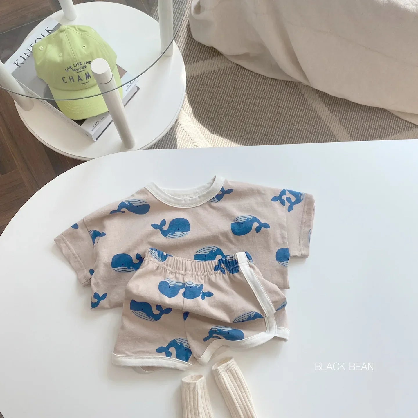 Full Print dolphin Tees +shorts Boys And Girls Cute Cotton Fashion Crew Neck Pullover Short Sleeve Home Clothes 2pcs Suits