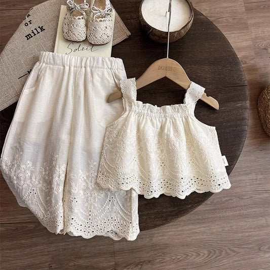 Korean Children's Clothing 2025 Summer New Item Embroidery Vest Wide Leg Pants Two-piece Set Girls' Top Pants Trend