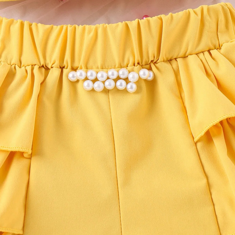 Bear Leader Summer New Pink Girls Clothes Sweet and Cute Children's Suit Pearl Bow Decorative Strap Top+Cake Skirt 2-piece Set