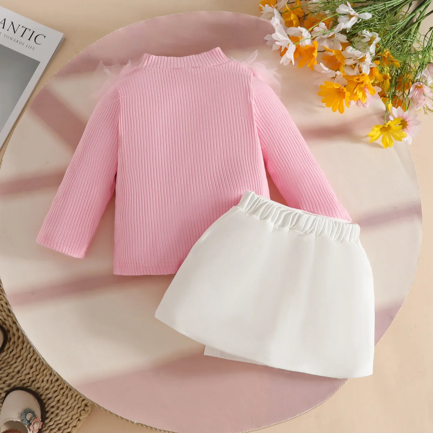 Tulle Trim 2Pcs Sets 0-3Y Baby Dresses Long Sleeve Top and Button Accent Skirt for Newborn Girls Party Outfit
