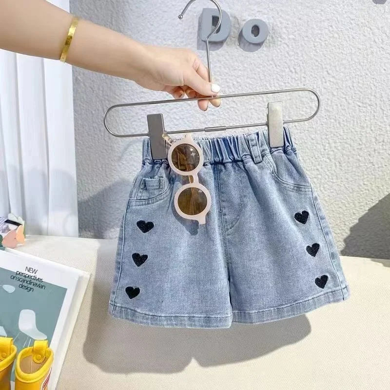Summer Girls Sweet Clothes Sets Children Bowknot Printed T-shirts Top+Denim Shorts 2 Pcs Suits Kids Short Sleeve Outfits 4-12 Ye