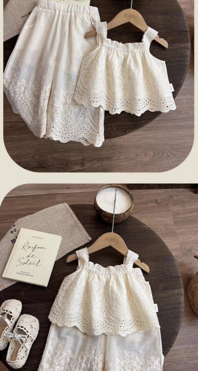 Korean Children's Clothing 2025 Summer New Item Embroidery Vest Wide Leg Pants Two-piece Set Girls' Top Pants Trend