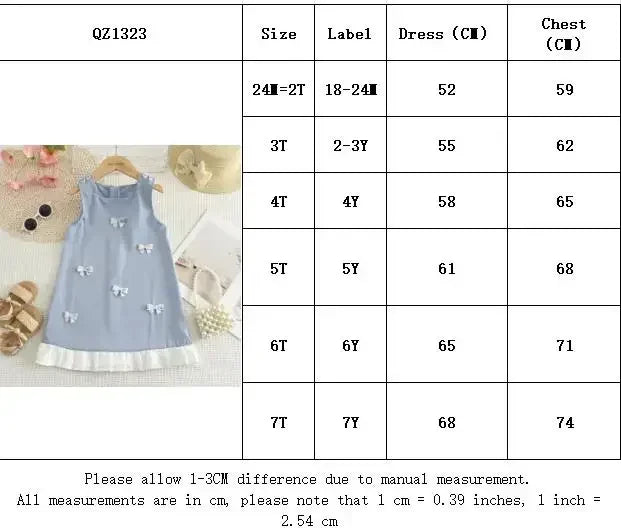 Girls Summer Sweet Bow Decoration Sleeveless Square Collar Pleated Edge Princess Dress 1 Pc 2-7 Years Kids Fashion Cute Clothes
