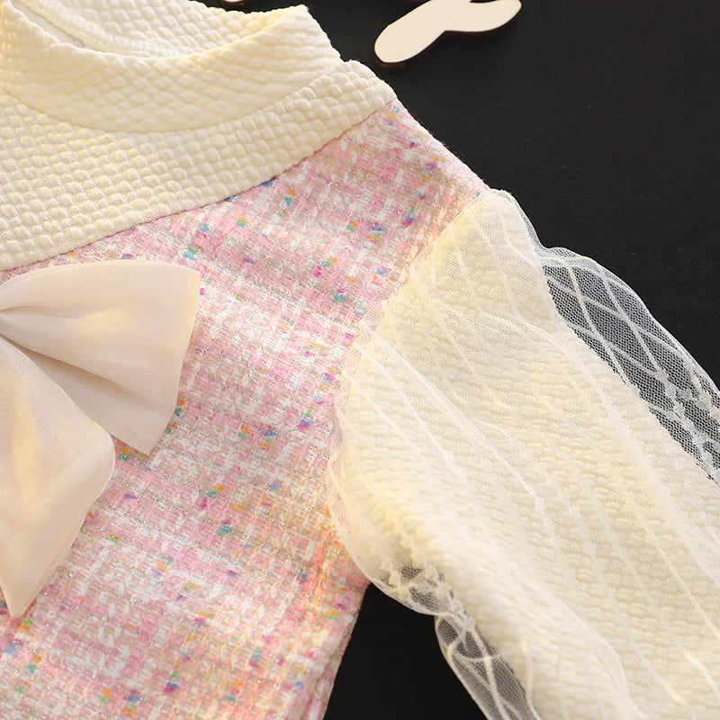 Spring And Autumn New Sweet Bow Baby Girl Dress, Korean Style Euganza Long Sleeve Children'S Clothing (9 Months -3 Years Old)