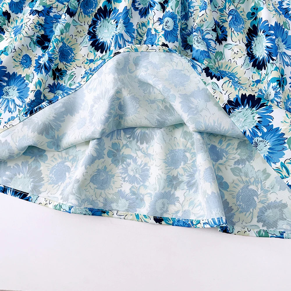 Summer Girls Fashion New Square Neck Puff Sleeve Flower Print Princess Dress 1 Pc 2-6 Years Children Sweet Casual Clothes