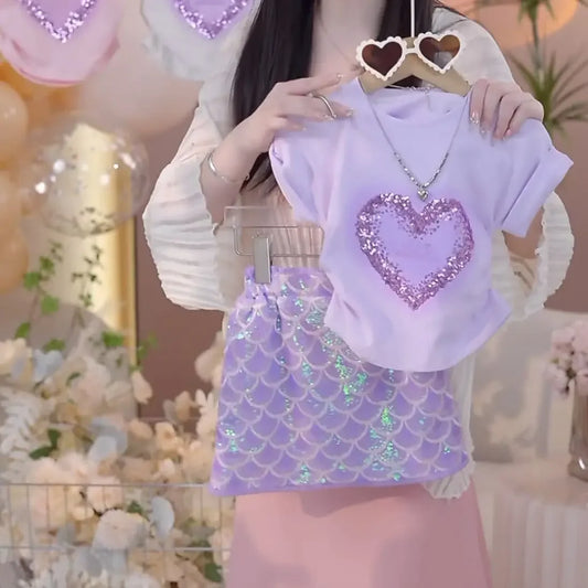 2024 New Baby Girls Summer Teenage Fashion Casual Sets, Love Pattern T-shirt + Sequined Skirts 3-9T