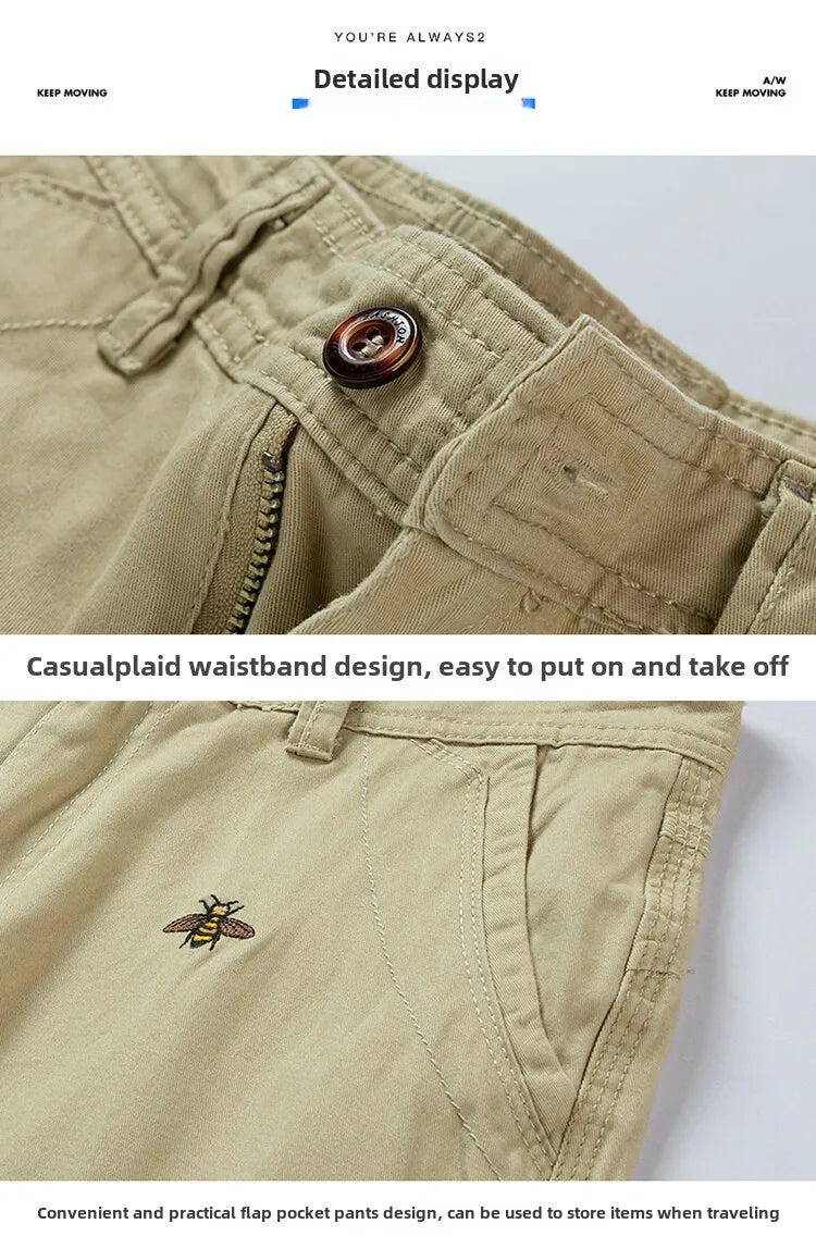 Summer men'sshorts loose straight leg pants casual solid color Japanese style over the knee sports pants multi pocket work pants