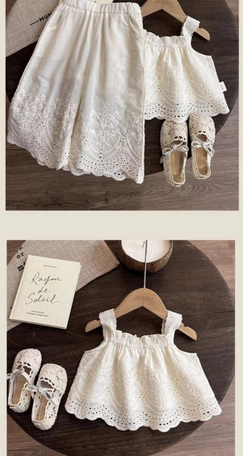 Korean Children's Clothing 2025 Summer New Item Embroidery Vest Wide Leg Pants Two-piece Set Girls' Top Pants Trend
