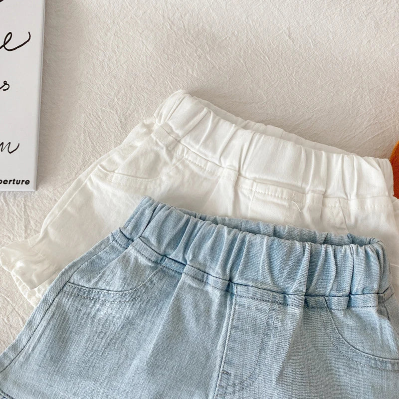 Children New Summer Kids Girls Ruffle Shorts Solid Brief Denim Children's Wear Teenage Girl Jeans