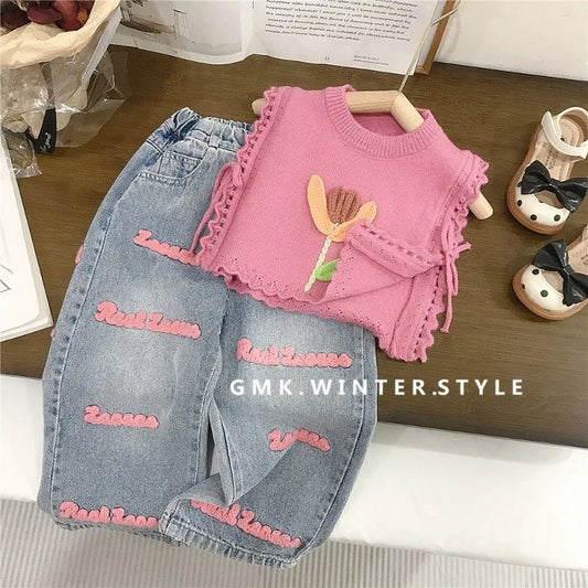 Children's Clothing sets 2-7 Years Pink Knitted Waistcoat + Jeans Summer Outfit Toddler Infant Clothing Set Kids Wear