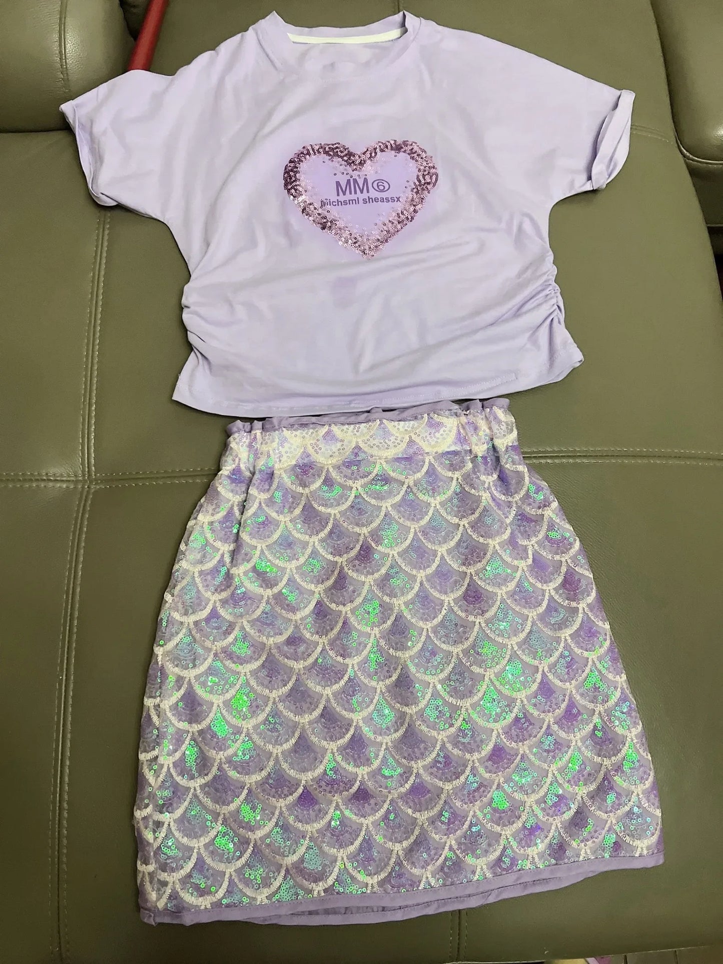 2024 New Baby Girls Summer Teenage Fashion Casual Sets, Love Pattern T-shirt + Sequined Skirts 3-9T