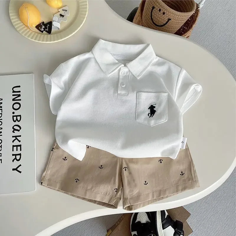 Infant Boys Summer Thin Polo Shirt Set Baby Boy Short Sleeved Cartoon Embroidered Shirt + Full Printed Casual Shorts 2pcs Set
