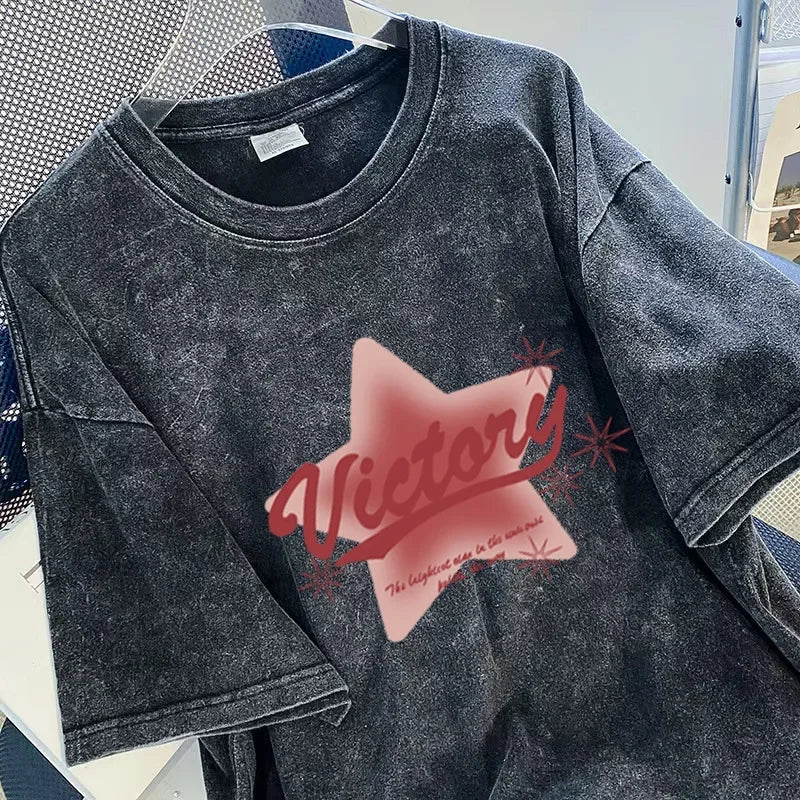 Hiphop Trendy Brand Washed Short Sleeve Women's T-shirt Oversize Loose Fit Black Print Casual Cotton Crew Neck Top