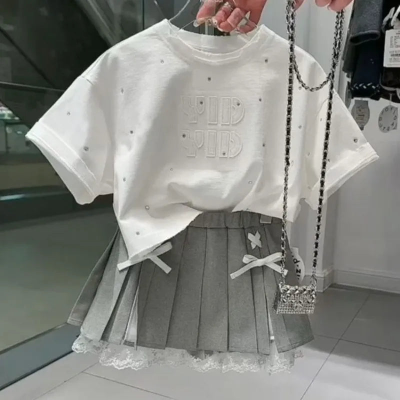 100-170cm Girls' summer outfit set 2025 summer new style children's short sleeved T-shirt pleated skirt stylish two-piece set
