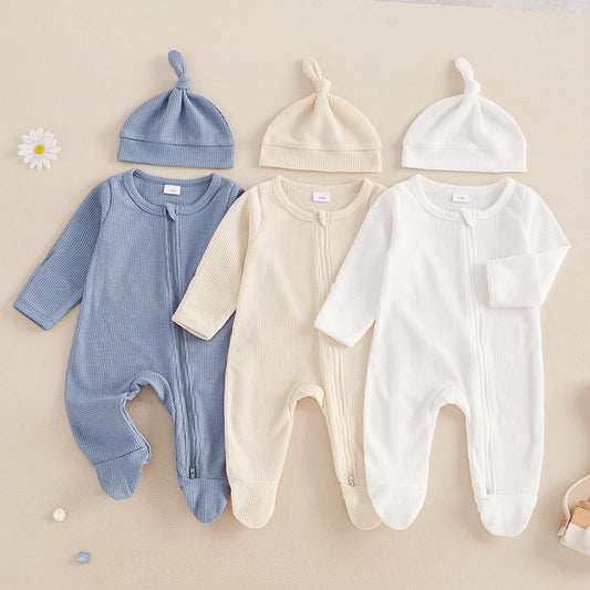 Newborn Baby Fall Footed Romper with hat
