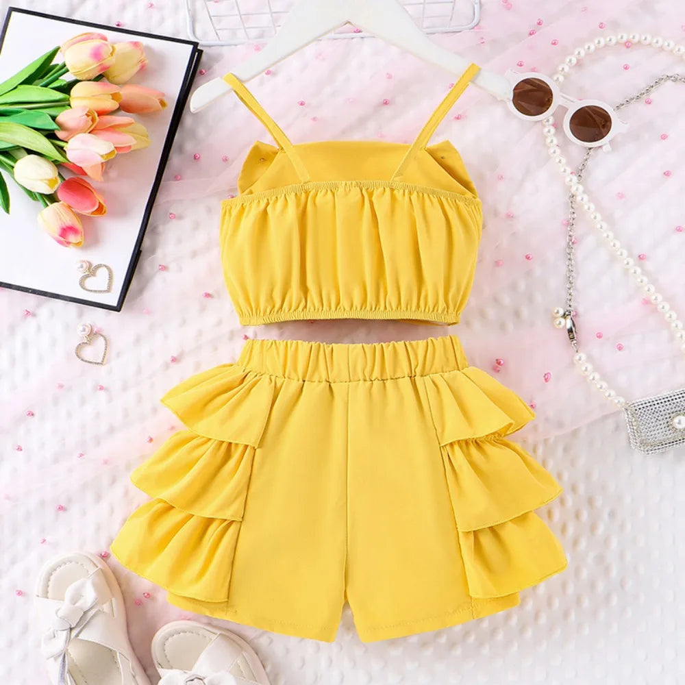 Bear Leader Summer New Pink Girls Clothes Sweet and Cute Children's Suit Pearl Bow Decorative Strap Top+Cake Skirt 2-piece Set