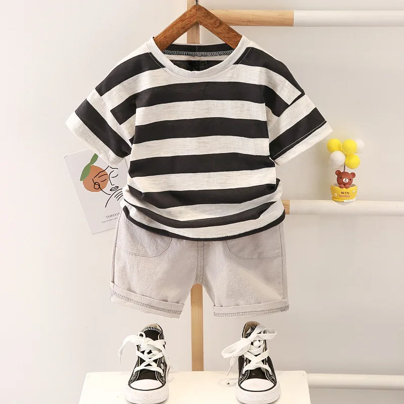 Summer Baby Boys Clothes Suit Fashion Tshirt Toddler Boy Outfit Set Stripe Shirt+Denim Shorts 2 Pcs Sets Infants Kids Clothes
