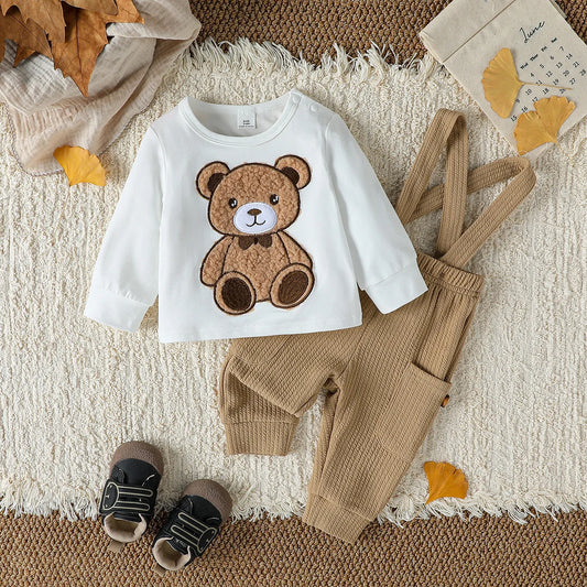 2025 Fashion Baby Boys 2Pcs Autumn Long Sleeve Cartton Bear Top+ Solid overalls Baby Jumpsuit For 1-3Y Sets  Casual Clothes