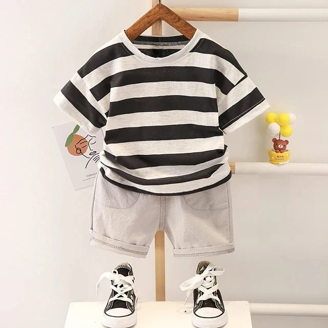 Summer Baby Boys Clothes Suit Fashion Tshirt Toddler Boy Outfit Set Stripe Shirt+Denim Shorts 2 Pcs Sets Infants Kids Clothes