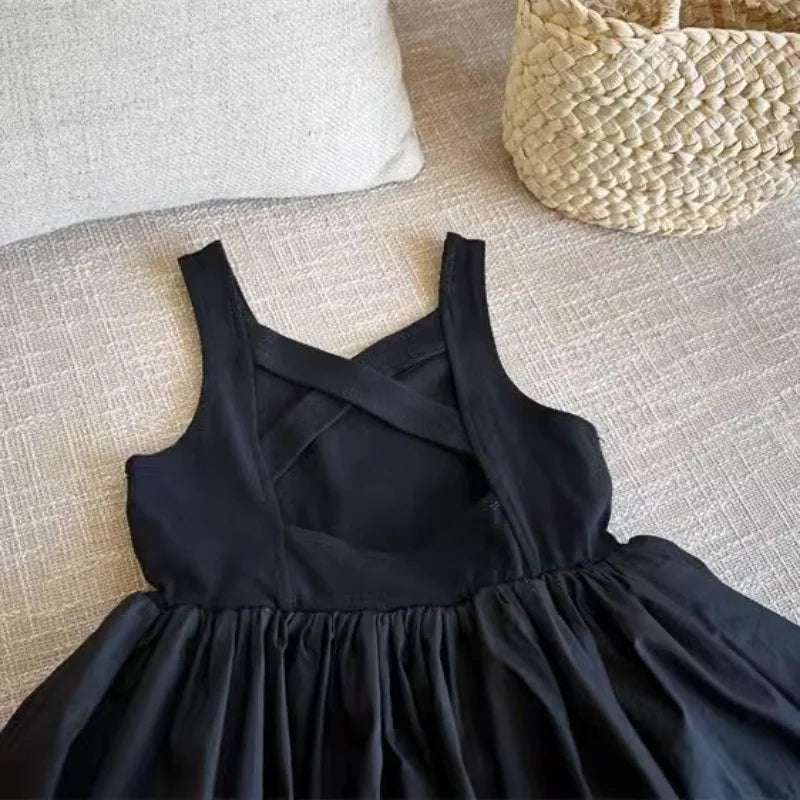 Infant Babys Girls Backless Sling Dress Cotton Solid Sleeveless Children Girls Dress Loose Flower Bud Dress For 2-7Y Kids Girls