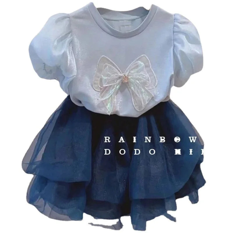 Summer Girls Bow T-shirts Sets Puff Sleeve Tops+Tulle Skirts 2Pcs Suits Kids Fashion Sweet Short Sleeve Outfits Children Clothes