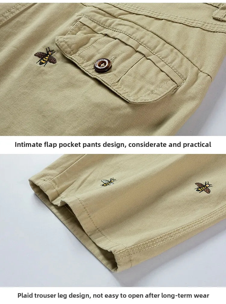 Summer men'sshorts loose straight leg pants casual solid color Japanese style over the knee sports pants multi pocket work pants