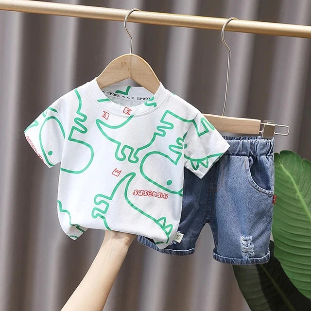 Summer Baby Boys Clothes Suit Fashion Tshirt Toddler Boy Outfit Set Stripe Shirt+Denim Shorts 2 Pcs Sets Infants Kids Clothes
