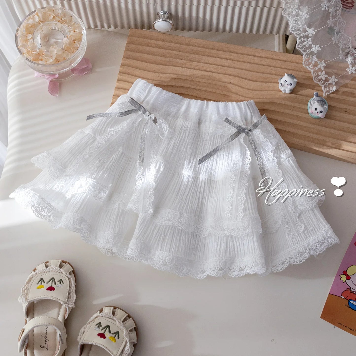 2025 Summer Children Girls 2PCS Clothes Set Lace Embroidery Short Sleeve T-shirt Stylish Puffy Skirts Suit Toddler Girl Outfits