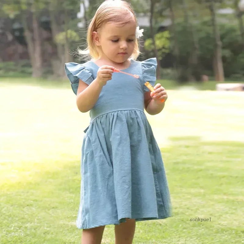 Summer Infant Girls Dress Flying sleeve Cotton Linen Newborn Baby Girls Princess Dress Kids Party Dresses