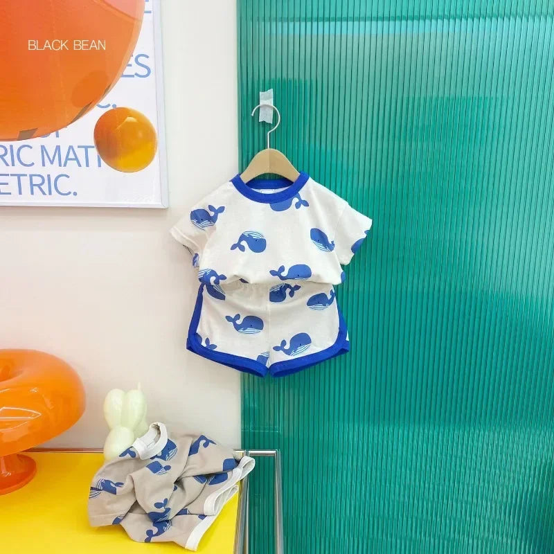 Full Print dolphin Tees +shorts Boys And Girls Cute Cotton Fashion Crew Neck Pullover Short Sleeve Home Clothes 2pcs Suits