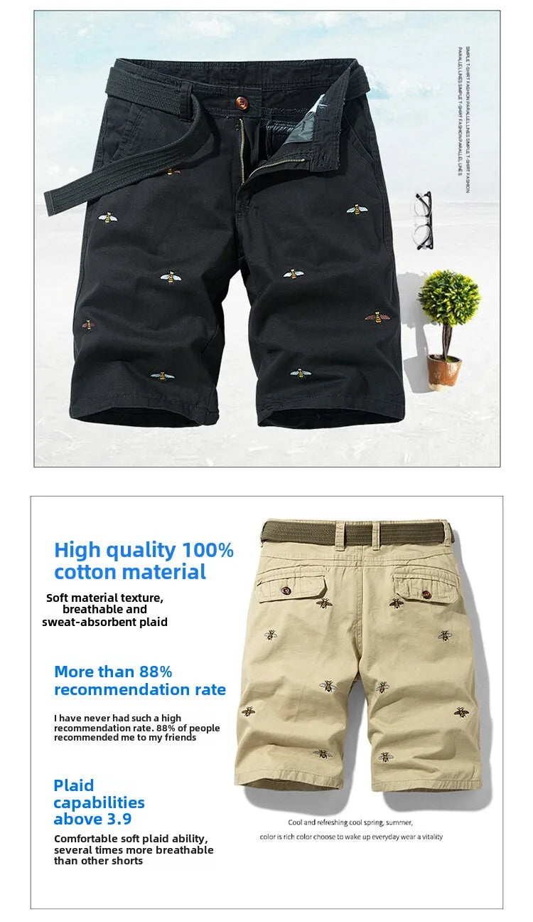 Summer men'sshorts loose straight leg pants casual solid color Japanese style over the knee sports pants multi pocket work pants