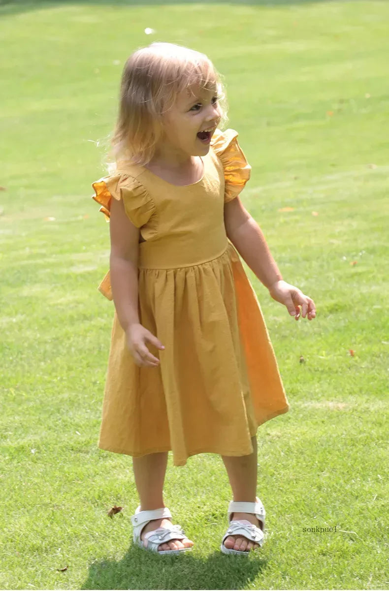 Summer Infant Girls Dress Flying sleeve Cotton Linen Newborn Baby Girls Princess Dress Kids Party Dresses