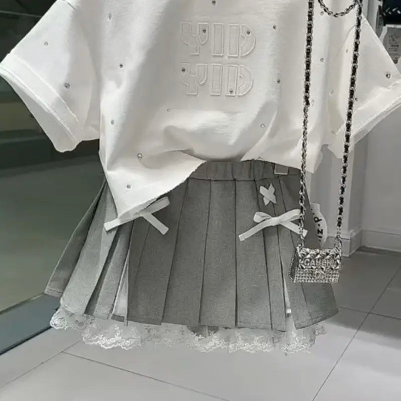 100-170cm Girls' summer outfit set 2025 summer new style children's short sleeved T-shirt pleated skirt stylish two-piece set
