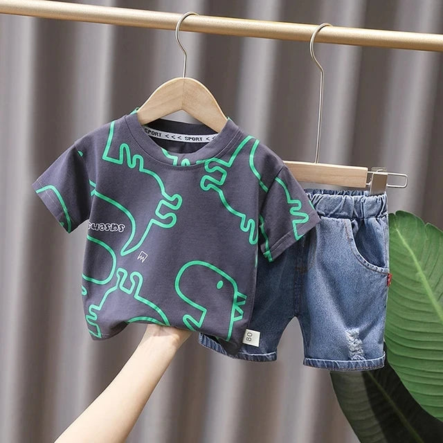 Summer Baby Boys Clothes Suit Fashion Tshirt Toddler Boy Outfit Set Stripe Shirt+Denim Shorts 2 Pcs Sets Infants Kids Clothes