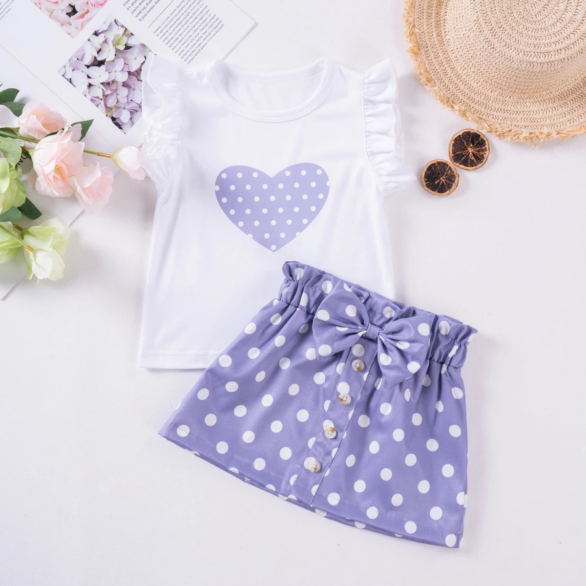 Summer Girls Fly Sleeve Short Sleeve Shorts Girls Two-piece Fashion Suit Cute Sweet Summer Suit