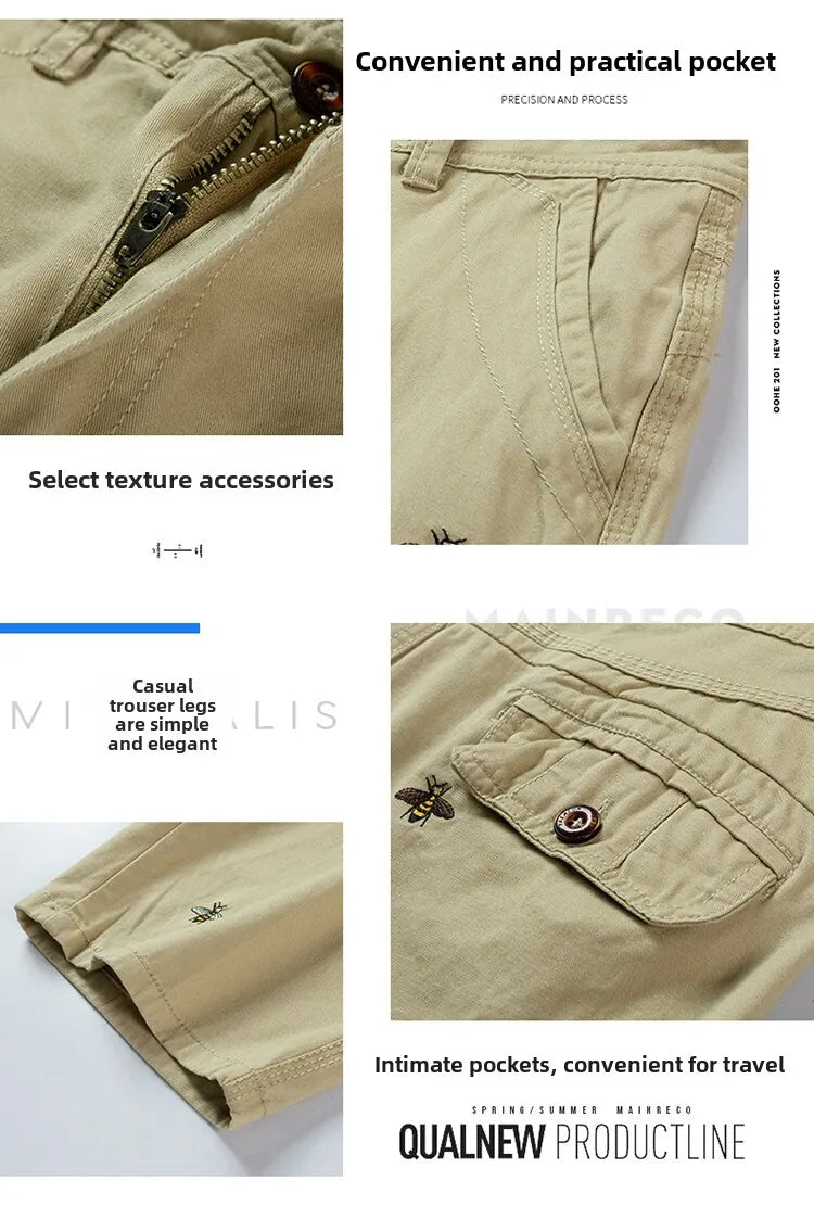 Summer men'sshorts loose straight leg pants casual solid color Japanese style over the knee sports pants multi pocket work pants
