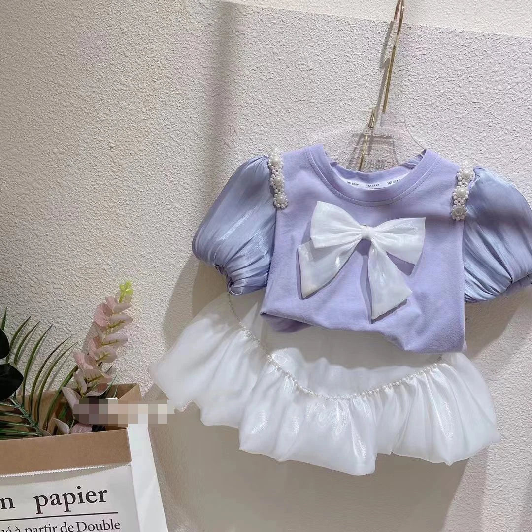 Summer Girls' Clothing Sets Bow Streamer Pearl Stitching Short-Sleeved Tutu Skirt Fashion Baby Kids Outfit Children Clothes Suit