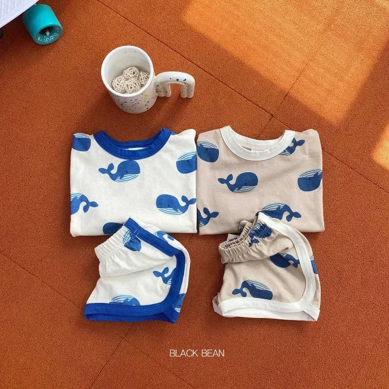 Full Print dolphin Tees +shorts Boys And Girls Cute Cotton Fashion Crew Neck Pullover Short Sleeve Home Clothes 2pcs Suits