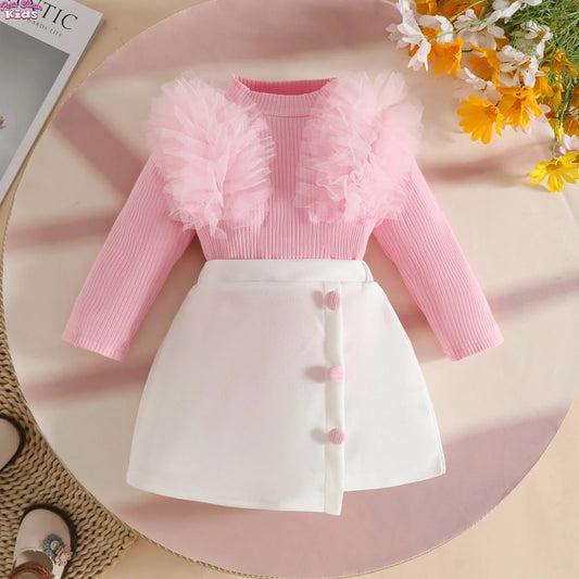 Tulle Trim 2Pcs Sets 0-3Y Baby Dresses Long Sleeve Top and Button Accent Skirt for Newborn Girls Party Outfit