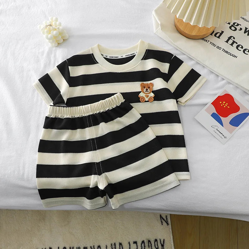 Kids Clothes Children's Short-sleeved Suit Striped Top+shorts 2-piece T-shirt Summer Baby Clothes Children Clothing Boys Girls