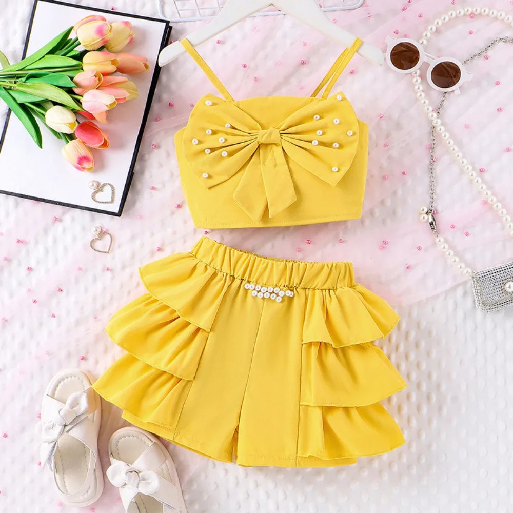 Bear Leader Summer New Pink Girls Clothes Sweet and Cute Children's Suit Pearl Bow Decorative Strap Top+Cake Skirt 2-piece Set