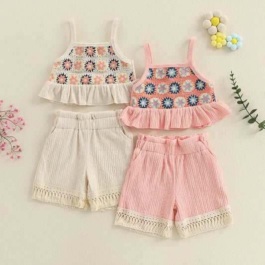Summer Girls Clothing Sets Floral Design Ruffled Trim Sleeveless Tank Tops and Tassel Shorts Baby Clothes Children Kids Outfits