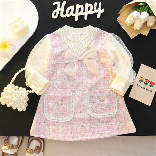 1-5Y New Spring Autumn Dresses For Baby Girls  Cute Bow Mesh Plaid Long Sleeve Princess Dress