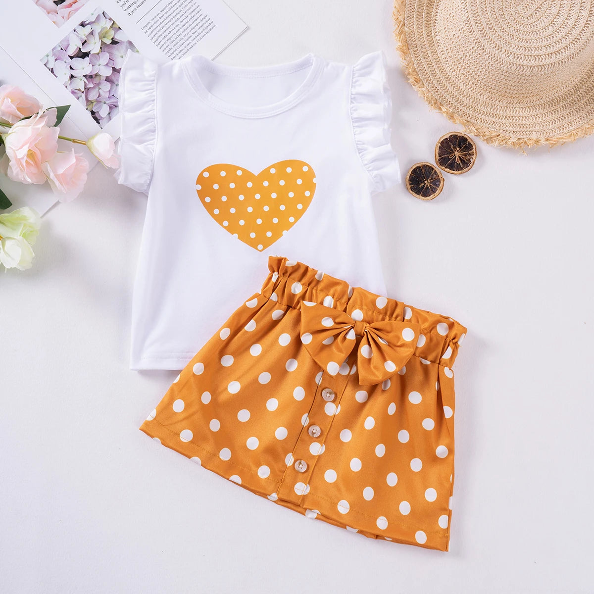 Summer Girls Fly Sleeve Short Sleeve Shorts Girls Two-piece Fashion Suit Cute Sweet Summer Suit