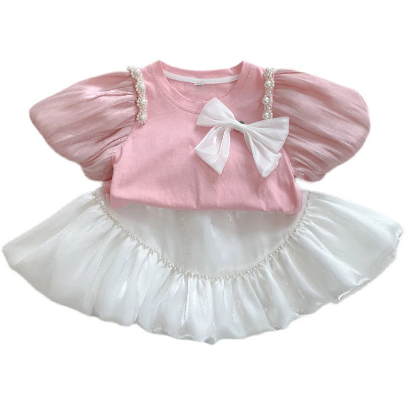 Summer Girls' Clothing Sets Bow Streamer Pearl Stitching Short-Sleeved Tutu Skirt Fashion Baby Kids Outfit Children Clothes Suit